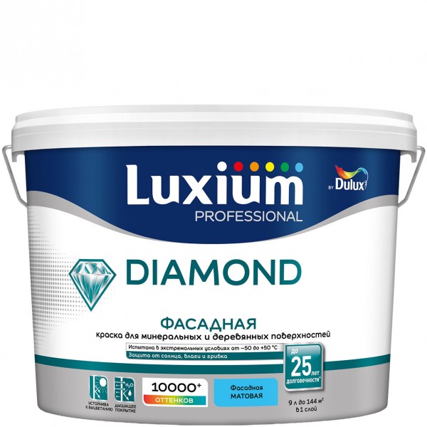 Краска LUXIUM Prof Diamond Фасадная Гладкая мат BW 9л