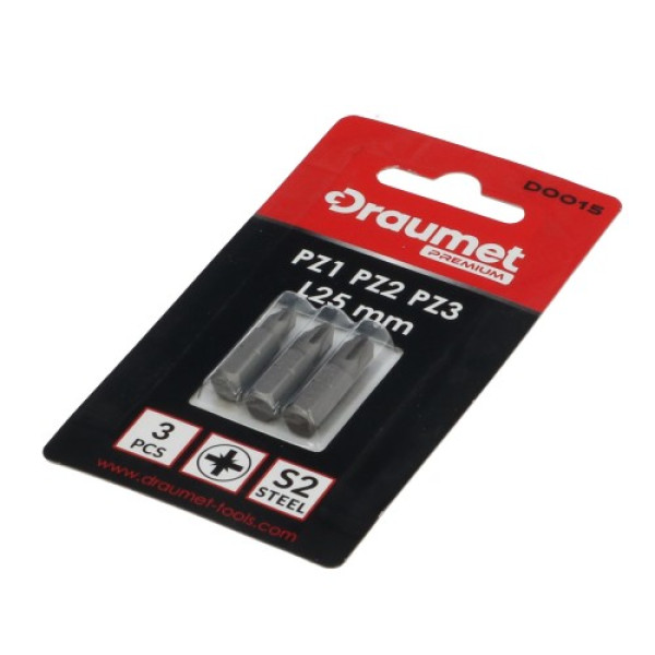 Биты DRAUMET PREMIUM, набор 3шт PH1, PH2, PH3 25мм CR-V S2