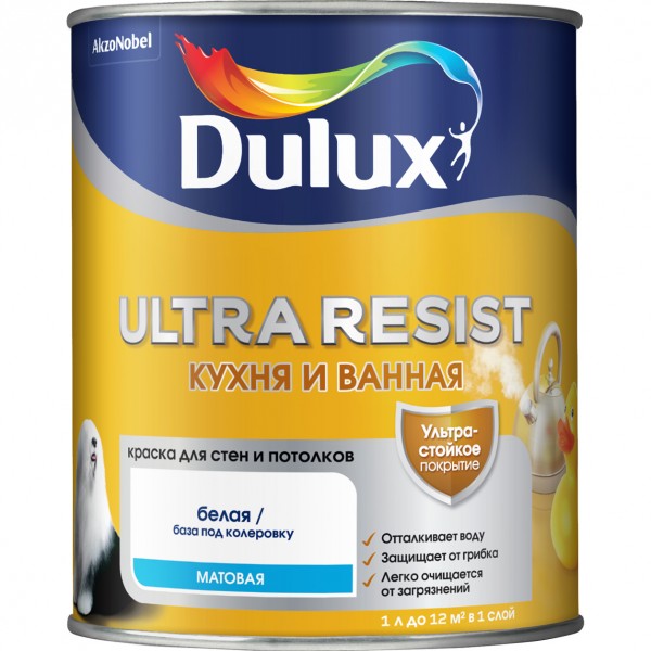 Краска DULUX Ultra Resist Для Кухни и Ванной 1л матовая BW
